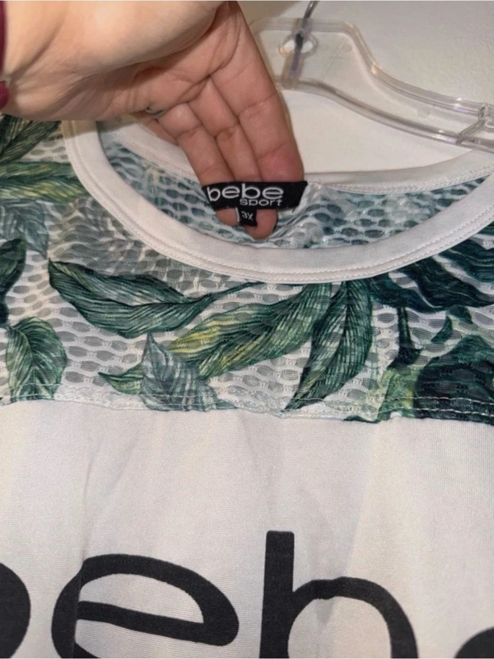 bebe White Tank Top with Green Tropical Leaf Mesh Yoke